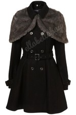 Topshop Black Belted Fur Cape Wool Full Skirted Girly Victoriana Coat Uk12 14