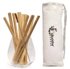 Buddha Bamboo Reusable Drinking Straws 10 Pack Cleaner+Case Smoothie Boba