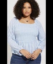 Torrid Blue Women’s Slub Smocked Long Sleeve  Shirred Top Sz 3