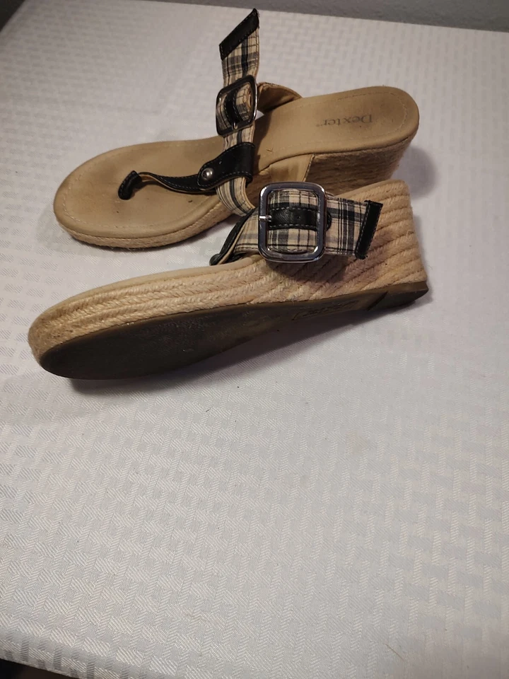 DEXTER Black White Plaid Jute Platform Wedge Thong Shoe Sandals 8.5 M Womens - Image 2 of 4
