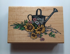 STAMPENDOUS Wood Mounted Rubber Stamp Sunflower Spray Watering Can 3 x 4.75