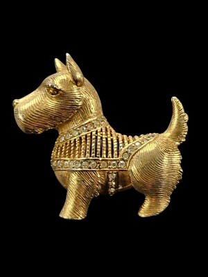 CINER Gold Tone Rhinestone Scottie Dog Scottish Terrier Figural Brooch Pin Rare