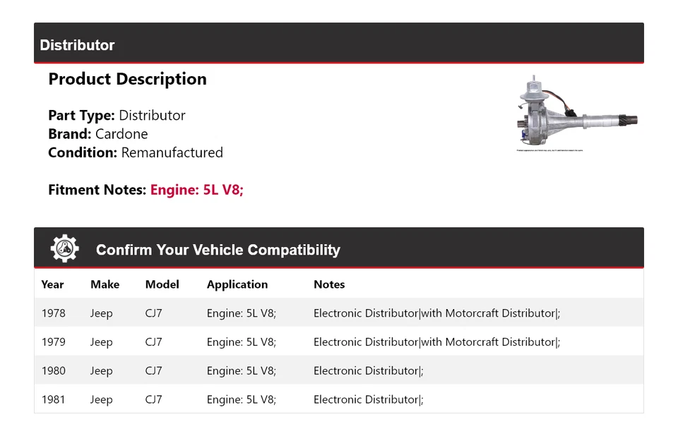 Para Jeep CJ7 1978-1981 5L V8 Distribuidor Cardone 1979 1980 Foto 2 de 4