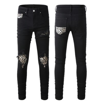Men's Punk Knee Hole Pleated Leopard Patchwork, Night club Slim Fit Denim Jeans