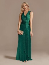Women V-Neck Party Maxi Dress Sleeveless Sequin Evening Dress Long Prom Dress
