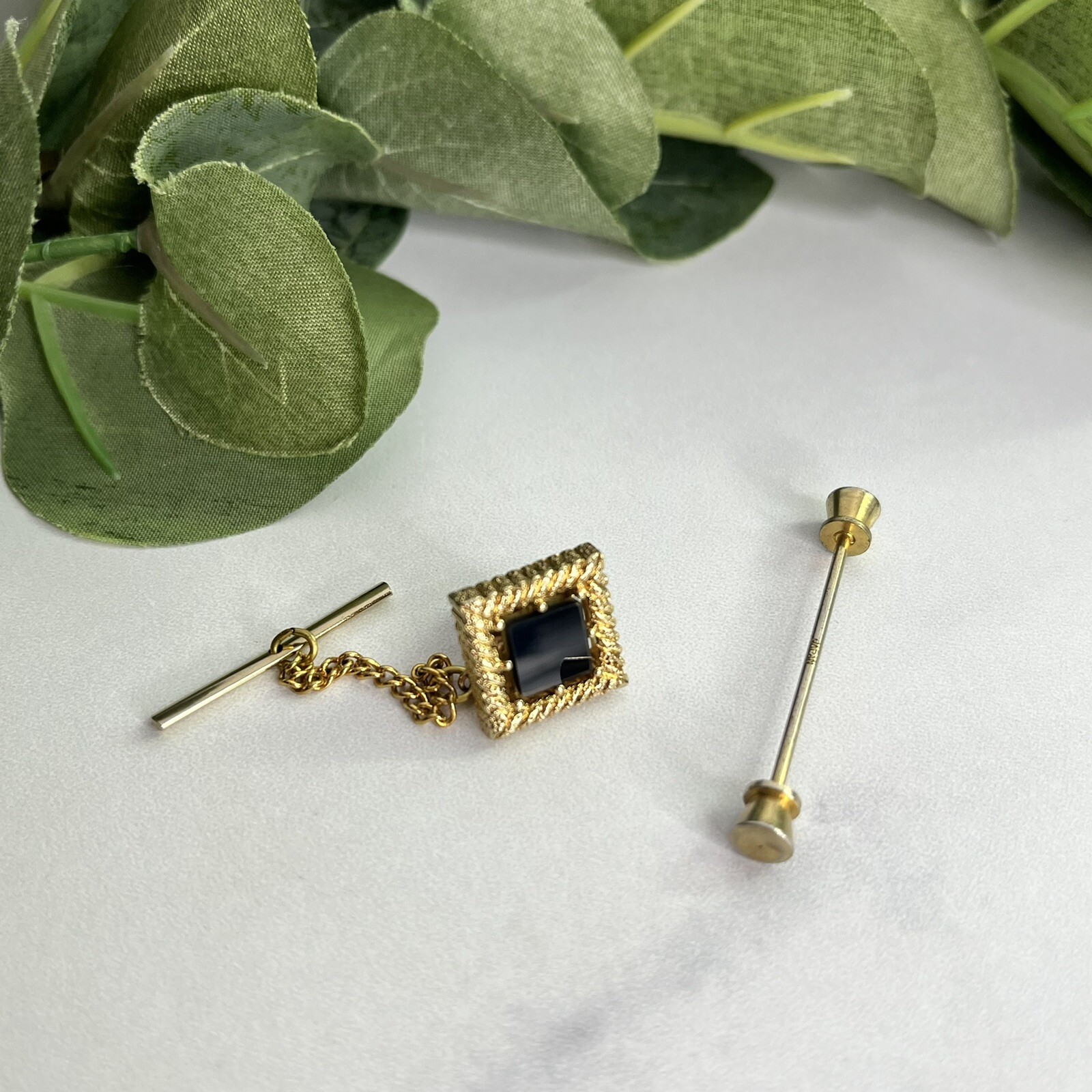 Vintage Gold Tone Barbell Collar Bar Pin & Gold Tone Black Stone Tie Tack Japan