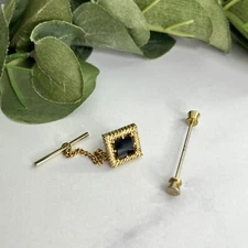 Vintage Gold Tone Barbell Collar Bar Pin & Gold Tone Black Stone Tie Tack Japan
