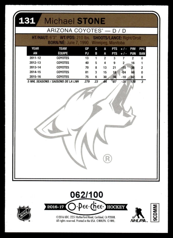 2016-17 O-Pee-Chee Black Rainbow Foil /100 Michael Stone Arizona Coyotes #131 - Image 2 of 2