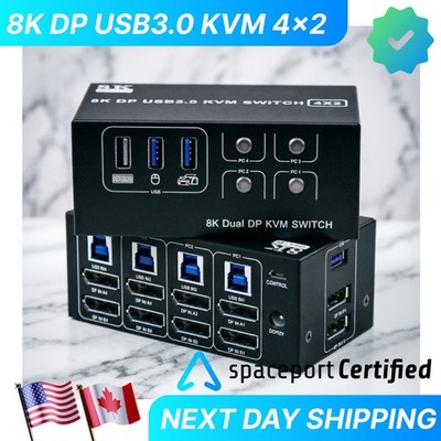 8K DisplayPort USB 3.0 KVM Switch Dual Monitor 4 PC DP 4K 144Hz 8K 60Hz USB 3.0