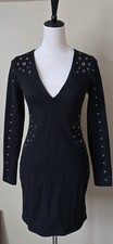 Express Y2K Black Bodycon Dress XS Silver Grommet Studded V Neck Long Sleeve NWT