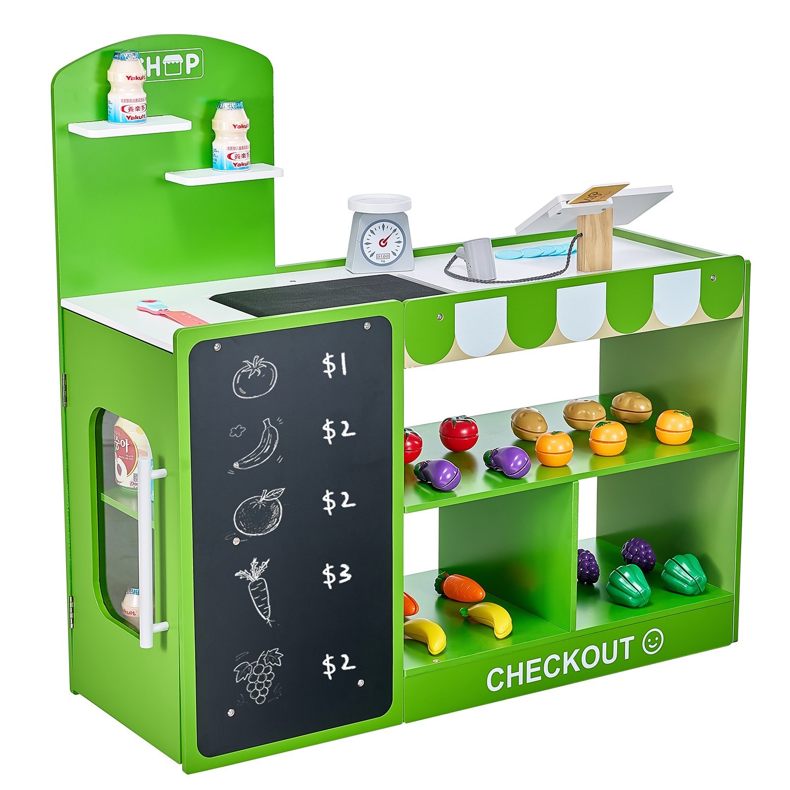 Kids Grocery Store Playset,Wooden Play Market Stand w/Shoppi