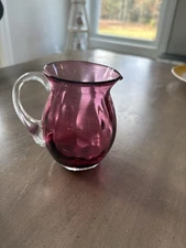 Vintage Cranberry Glass Pitcher –Handblown Clear Ribbed Handle – Deep Ruby Color
