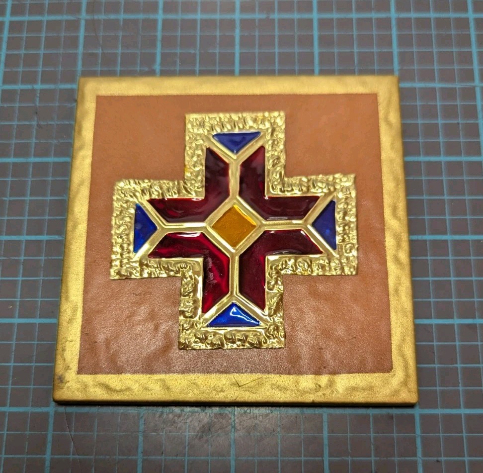 Hand Made Ceramic TILE With Embossed Brass & Enamel Cross  4" SQUARE Lebanon
