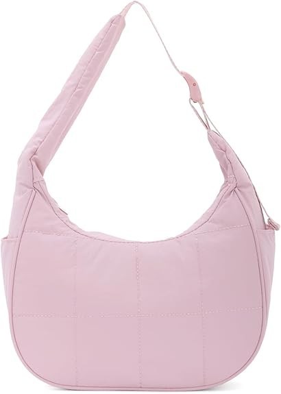 LUI SUI Small Puffer Crescent Shoulder Bag Pink Quilted Hobo
