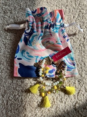 LILLY PULITZER BRACELET  YELLOW LEMON TASSEL   NWT3 Strand Beaded Chain