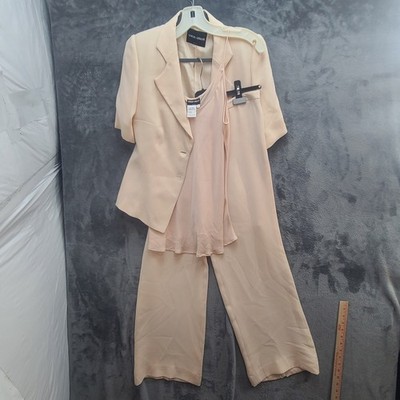Giorgio Armani 3pc 100% Silk Cream Pantsuit Blazer Cami Wide Leg Sz 46/44
