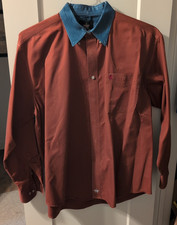 Wrangler PBR Shirt Mens L Rust/Brown w/ Denim Collar Western Rodeo Cowboy