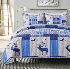 King Set Lodge Bedding Rustic Cabin Quilt Moose Bear Plaid Patchwork Bedspread