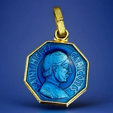 Vintage Catholic Saint Michel Garicoits Enamel Gold Tone Small Religious Medal