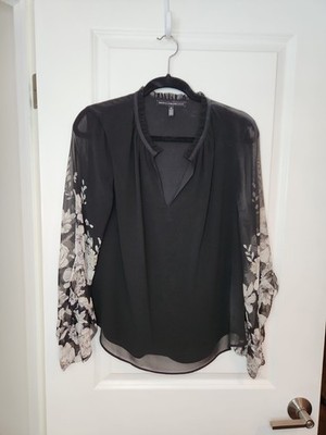 WHBM Blouse Floral Women's Sz M Mandarin collar Belle Sleeve Black White MINT!