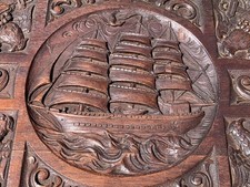 Old Ironsides Highly Carved Oak US Maritime Chest World Tour W/Lift Top,Table
