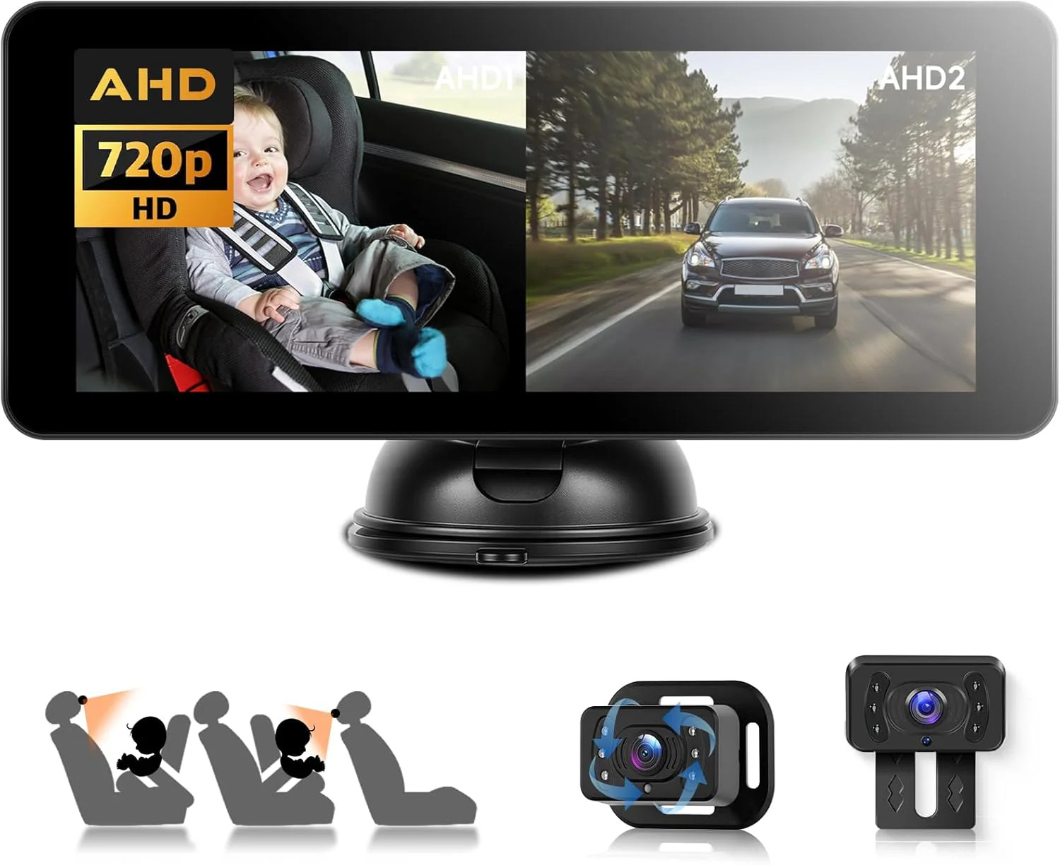 Caméra voiture bébé écran partagé 6.86 pouces HD avec double objectif grand angle