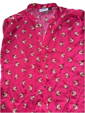Cynthia Rowley Medium hot pink fox animal blouse gold buttons delicate silky