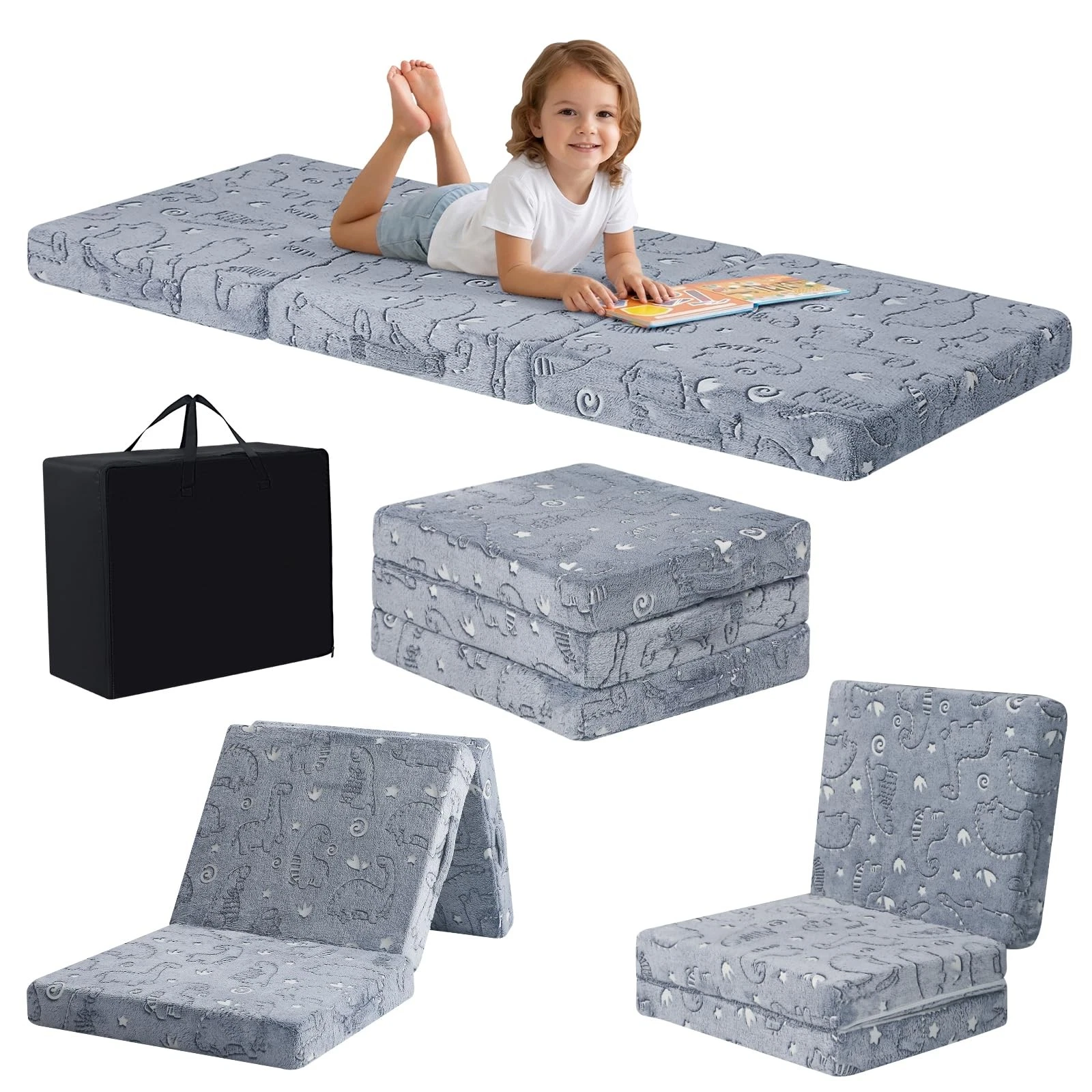 Glow Dinosaur Foldable Floor Mattress for Kids, Trifold Nap Mat for Toddlers,...