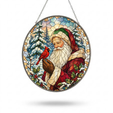 Santa Claus Red Cardinal Stained Glass Suncatcher, Merry Xmas Window Hanging