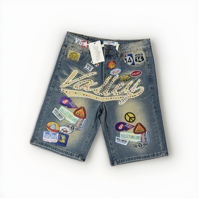 Valley Men s Blue Light Wash Studded Embroidered Denim Shorts 5-Pocket
