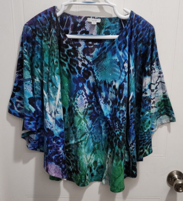Vtg Cache Women's V Neck Dolman Batwing Kimono Poncho Style Top Animal Print L