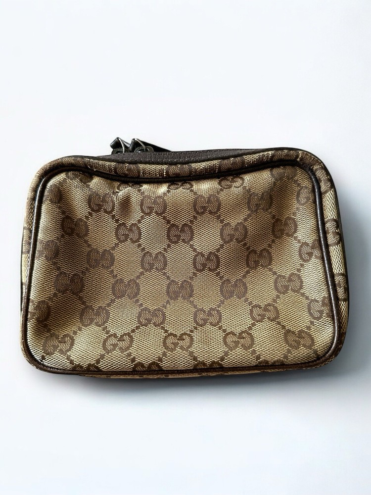GUCCI Cosmetics Makeup Bag Monogram Pouch Canvas Brown Made In Italy