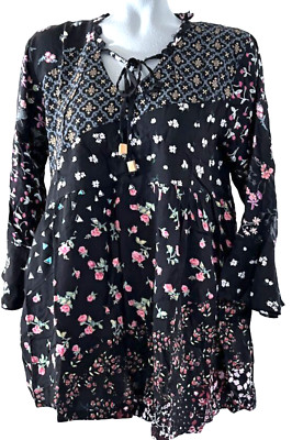 NEW THE PYRAMID COLLECTION BLACK FLORAL MIXED PRINT PEASANT TOP SHIRT MEDIUM
