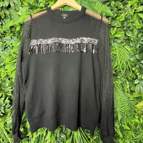 ONTWELFTH Tops Women XL Black Sweater Blouse Sequins Accent Sheer Sleeve 0145 - Picture 9 of 13