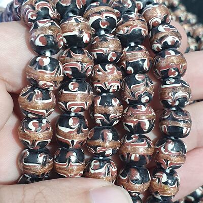 Vintage Aventurine Millefiori Black Fancy Feather glass beads 10mm 24'' Necklace