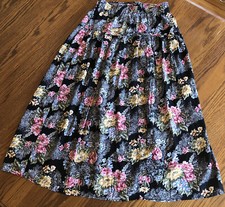 Vintage 80's Black Floral Print ELASTIC WAIST FLOWY Prairie Long Skirt