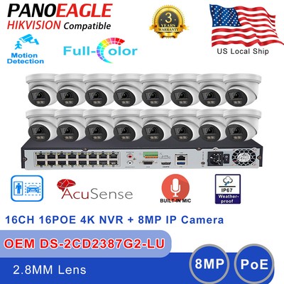 Hikvision 16CH 16POE NVR CCTV System OEM ColorVu 4K 8MP IP Camera Built MIC Lot