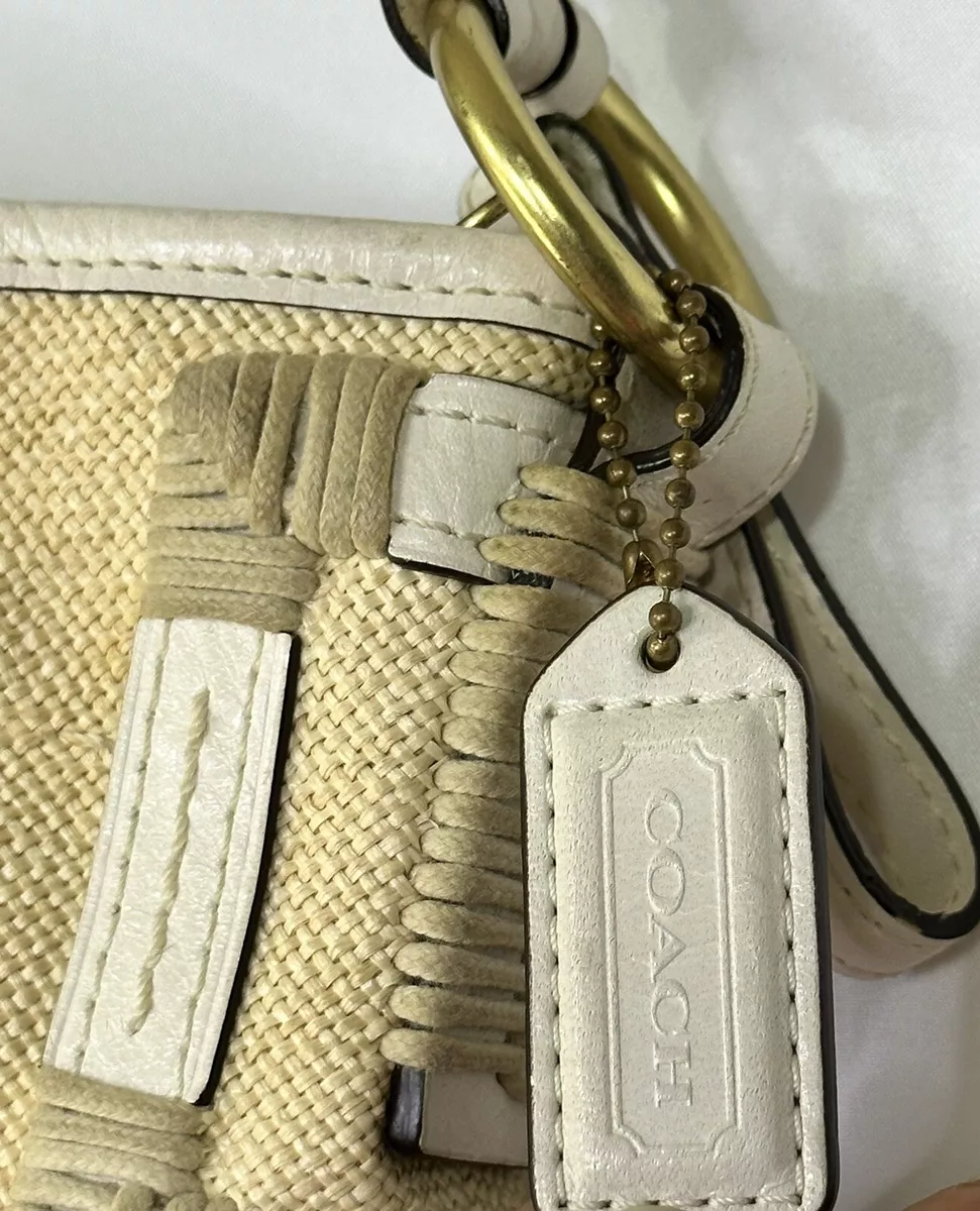 Coach Raffia Straw Wicker Shoulder Bag Purse Beige White Braided Leather Strap
