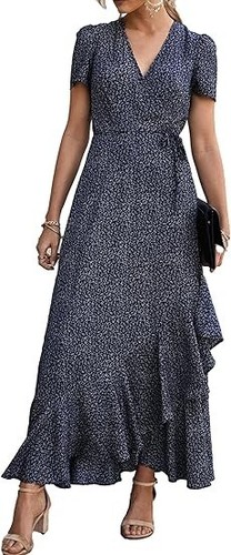 Pretty Garden Size XL Maxi Wrap Dress Blue Ivory Floral Print Short Sleeve - Picture 1 of 5