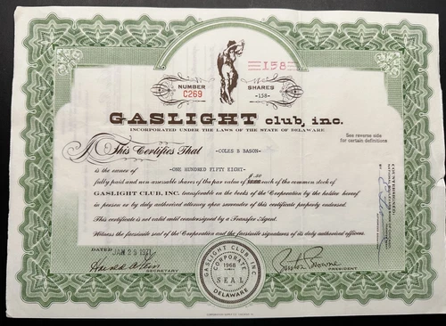 Lot of 9 Vintage GASLIGHT CLUB INC Stock Certificates 1969–1973 Chicago History