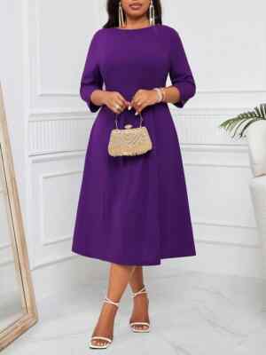 SHEIN Lady Plus Size Women's Elegant Commuting Purple Pleated A-Line Midi  Dress