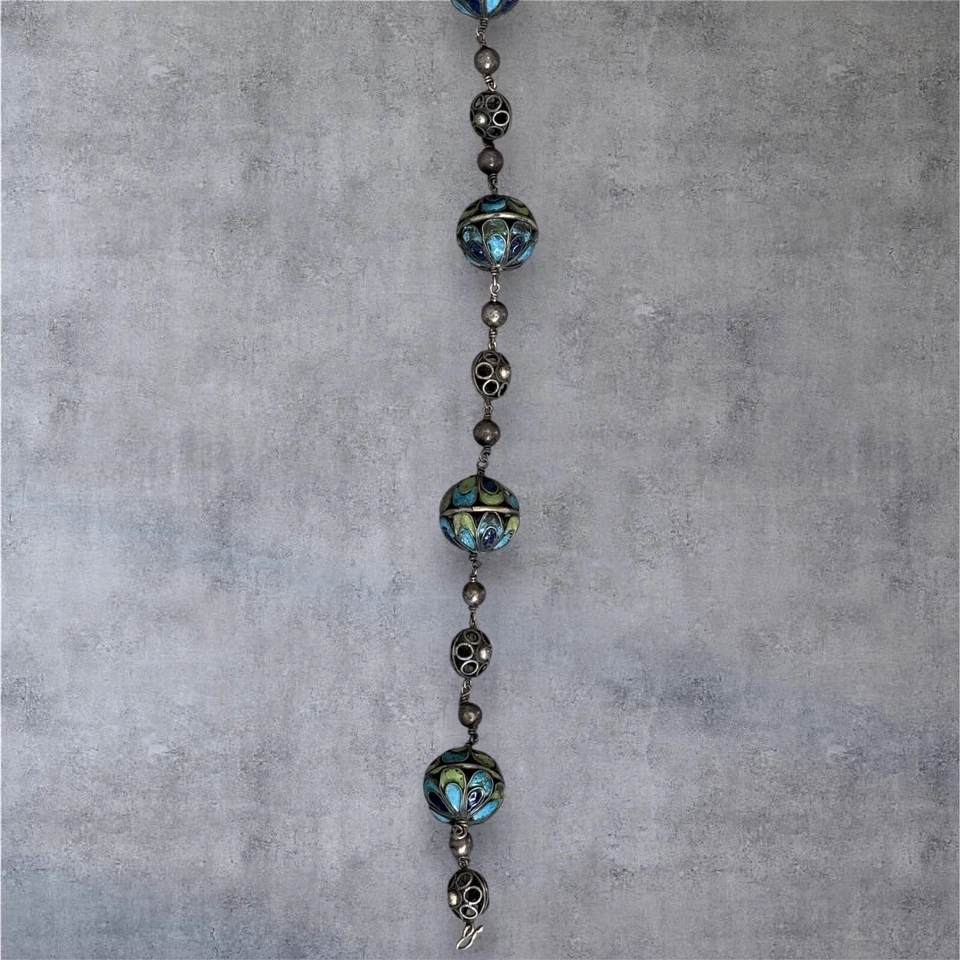 Collar de cuentas vintage artesanal de plata estilo cloisonné esmalte azul y verde Foto 4 de 4