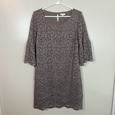 Garnet Hill Womens Lace Shift Dress Stretch Mocha 3/4 Sleeve Lined Size 4