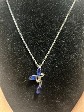 Butterfly Pendant Necklace with Blue Stones And Clear Stones Silvertone Chain16”