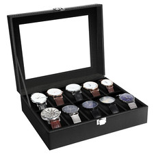 10 Slots Watch Box PU Leather Watch Case Storage Glass Lid Jewelry Display Case