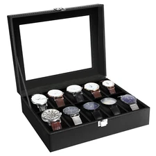 10 Slots Watch Box PU Leather Watch Case Storage Glass Lid Jewelry Display Case