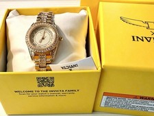 Invicta Women's Gold-Tone Quartz Analog Bracelet Watch Gem-Set Bezel w/ Box