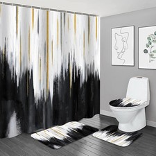 4PCS Black Oil Painting Style Shower Curtain Set with Non-Slip Rugs,Toilet Li...