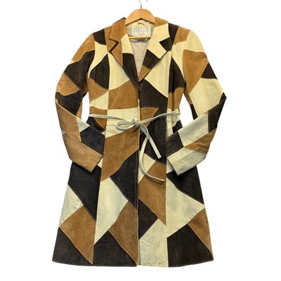 VTG 90s 70s Boho Patchwork Suede Leather Trench Coat Jacket Brown Geometric Sz S