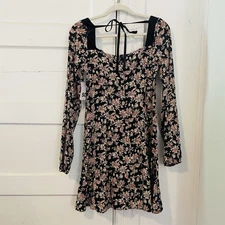 Women’s Mini Dress Ditzy Floral M Velvet Trim Boho Cottage Hippie Festival Fairy